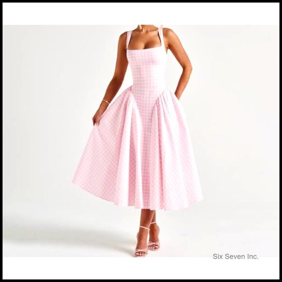 Long Gingham Corset Sundress Square Neck Lace Up Backless A Line Casual - Picture 4 of 7